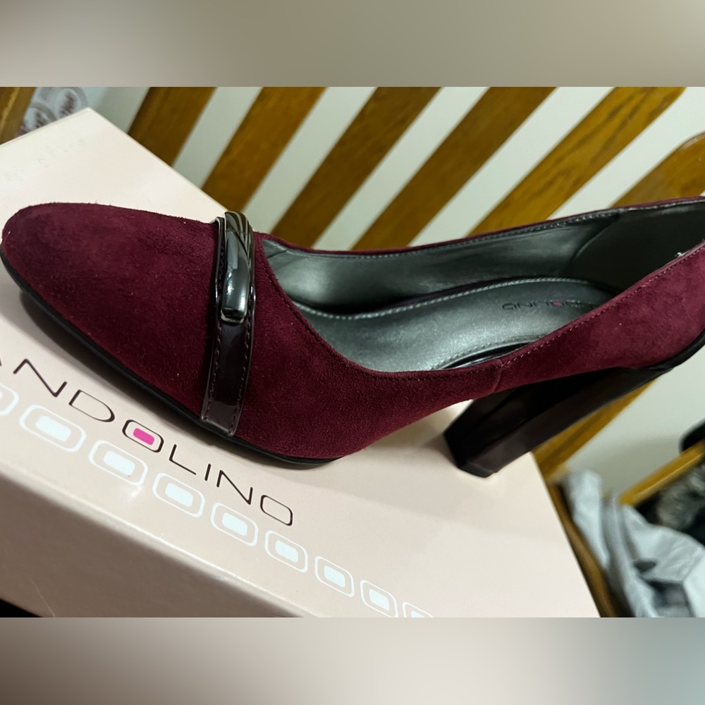 Bandolina thick 3” heel. Burgundy suede